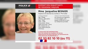 La police de l’Orne a lancé un appel à témoins, ce lundi 3 février, après la disparition inquiétante de Jacqueline Besnier, 77 ans.  
