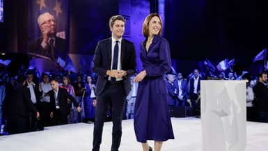 Gabriel Attal et Valérie Hayer à Aubervilliers samedi 1er juin 2024 pour le dernier meeting de campagne de la tête de liste de la majorité aux européennes