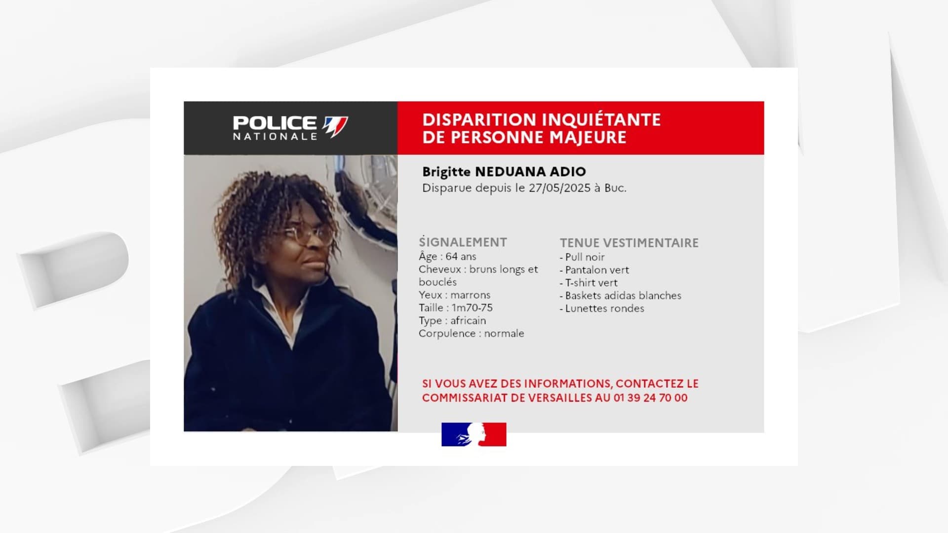 Yvelines: un appel à témoins lancé après la disparition inquiétante d'une femme de 64 ans