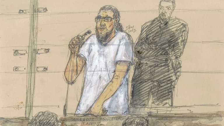 Croquis d'audience de Mohamed Lamine Aberouz (d) au premier jour de son procès pour l'attentat de Magnanville, le 25 septembre 2023 à Paris