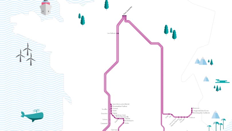 Carte du réseau Intercités de la SNCF, les lignes de nuit sont en violet