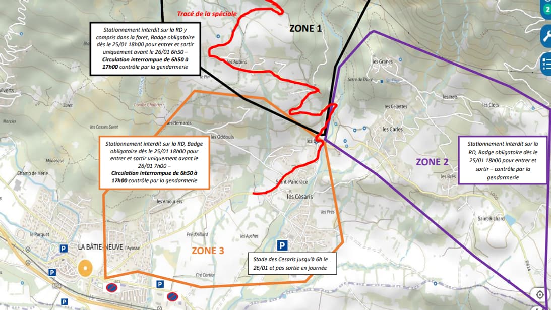 Le plan des restrictions lors du rallye de Monte-Carlo à La Bâtie-Neuve.
