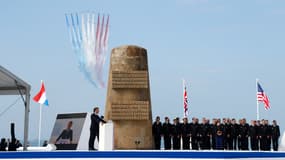 Emmanuel Macron lors de la cérémonie d'Omaha Beach pour les 80 ans du Débarquement, le 6 juin 2024.