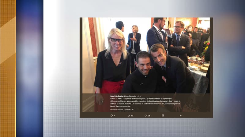 Le blogueur et aventurier Samuel Marie avec Emmanuel Macron, le lundi 23 avril 2018 aux Etats-Unis. 