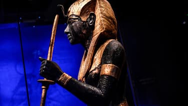 Une sculpture de Toutankhamon présentée à l'exposition "Toutankhamon le trésor du pharaon", à la Villette à partir du 23 mars.