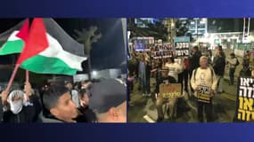Des personnes réunies à Khan Younès (Gaza) et à Tel-Aviv (Israël) après l'annonce d'un nouvel accord de cessez-le-feu trouvé entre Israël et le Hamas, le 15 janvier 2025.