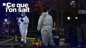 Des agents des polices scientifique et judiciaire travaillent sur le site de l'attaque au couteau perpetrée par une homme de 37 ans qui a fait un mort et trois blessés à Mulhouse (Haut-Rhin) le 22 février 2025.