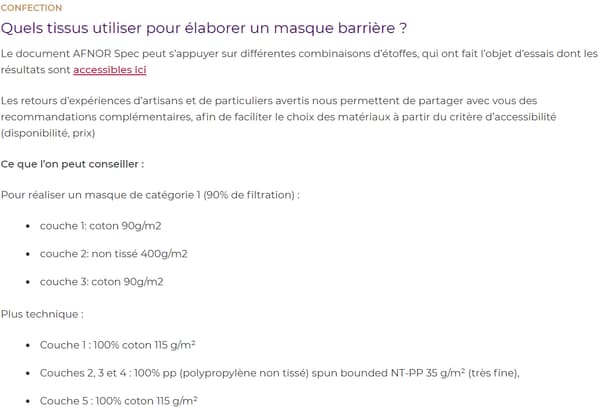 Les recommandations pour les masques "faits maison" publiées au printemps par l'AFNOR. Les recommandations pour les masques "faits maison" publiées au printemps par l'AFNOR.