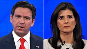 Cette combinaison d'images créée le 4 janvier 2024 montre (à gauche) le gouverneur de Floride Ron DeSantis et (à droite) l'ancienne gouverneure de Caroline du Sud et ambassadrice de l'ONU, Nikki Haley lors du quatrième débat des primaires présidentielles républicaines à l'Université de l'Alabama, le 6 décembre 2023.