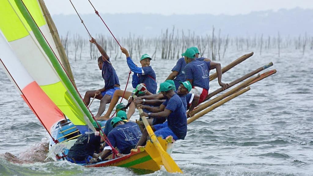 Une yole venue de la Martinique passe, le 15 août 2001 au milieu du parc à huîtres sur le bassin d'Arcachon, lors d'une régate avec des pinasses arcachonnaises. Une yole venue de la Martinique passe, le 15 août 2001 au milieu du parc à huîtres sur le bassin d'Arcachon, lors d'une régate avec des pinasses arcachonnaises.