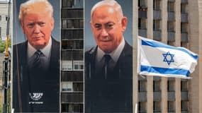 Des portraits géants du Premier ministre isralien Benjamin Netanyahu et du président américain Donald Trump, exposées par une association représentant des colonies de Cisjordanie occupée, le 10 juin 2020 à Jérusalem