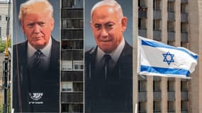 Des portraits géants du Premier ministre isralien Benjamin Netanyahu et du président américain Donald Trump, exposées par une association représentant des colonies de Cisjordanie occupée, le 10 juin 2020 à Jérusalem