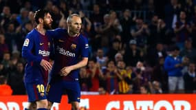 Lionel Messi et Andres Iniesta lors du match Barcelone-Villarreal (5-1, Liga), le 9 mai 2018