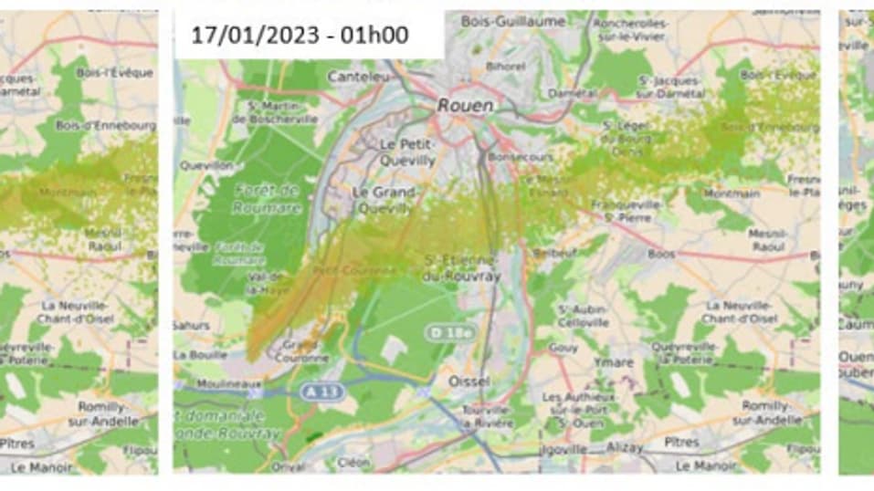 Le panache de fumée de l'incendie de Grand-Couronne dans la nuit.