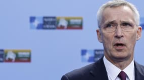 Le secrétaire général de l'Otan, Jens Stoltenberg, s'exprime lors du sommet à Vilnius, le 11 juillet 2023.