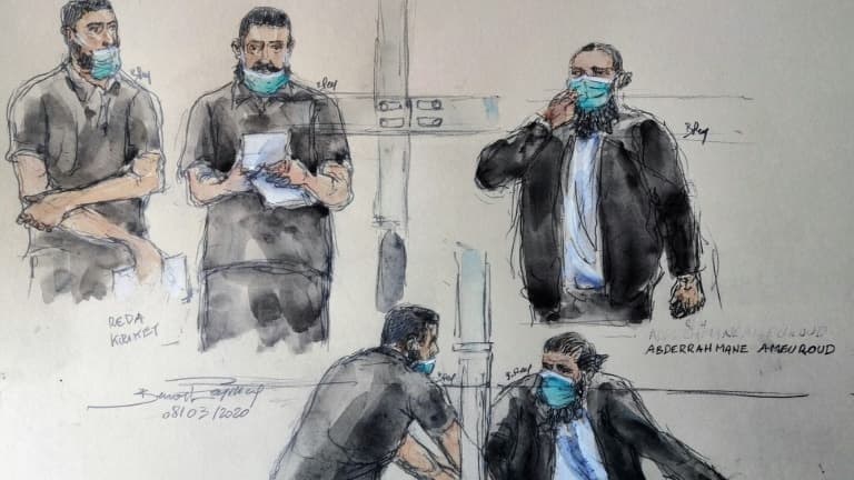 Croquis du procès de Réda Kriket (les trois à gauche Reda Kriket; les deux à droite Abderrahmane Ameuroud) le 8 mars 2021, Paris.