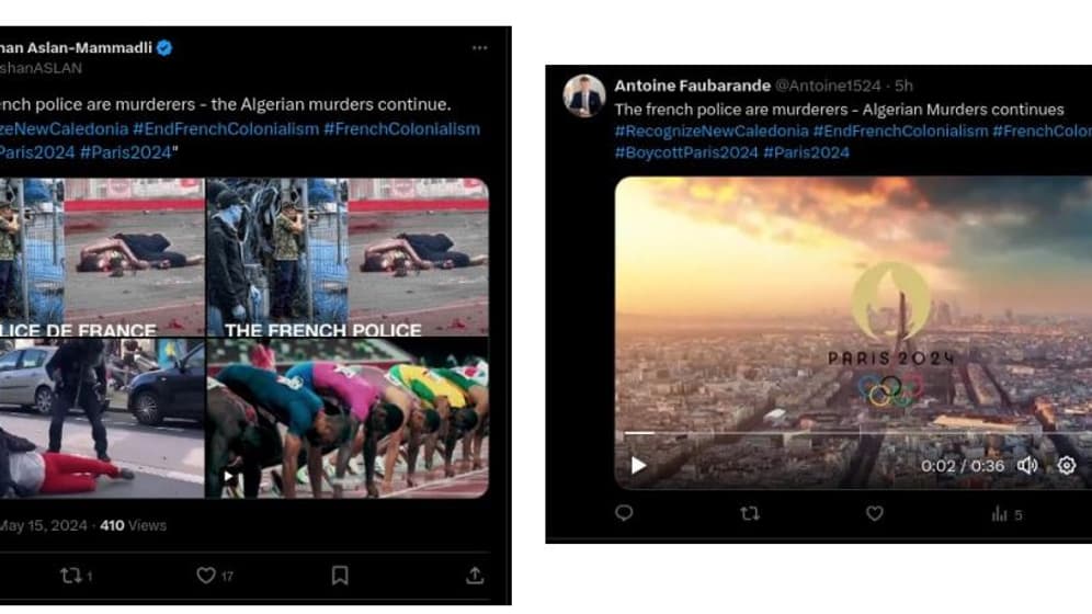 Des tweets cherchant à désinformer sur la Nouvelle-Calédonie et avec les hashtags des Jeux olympiques de Paris 2024