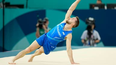Artem Dolgopyat aux JO 2024 de Paris dans l'épreuve du sol en gymnastique, le 3 août 2024