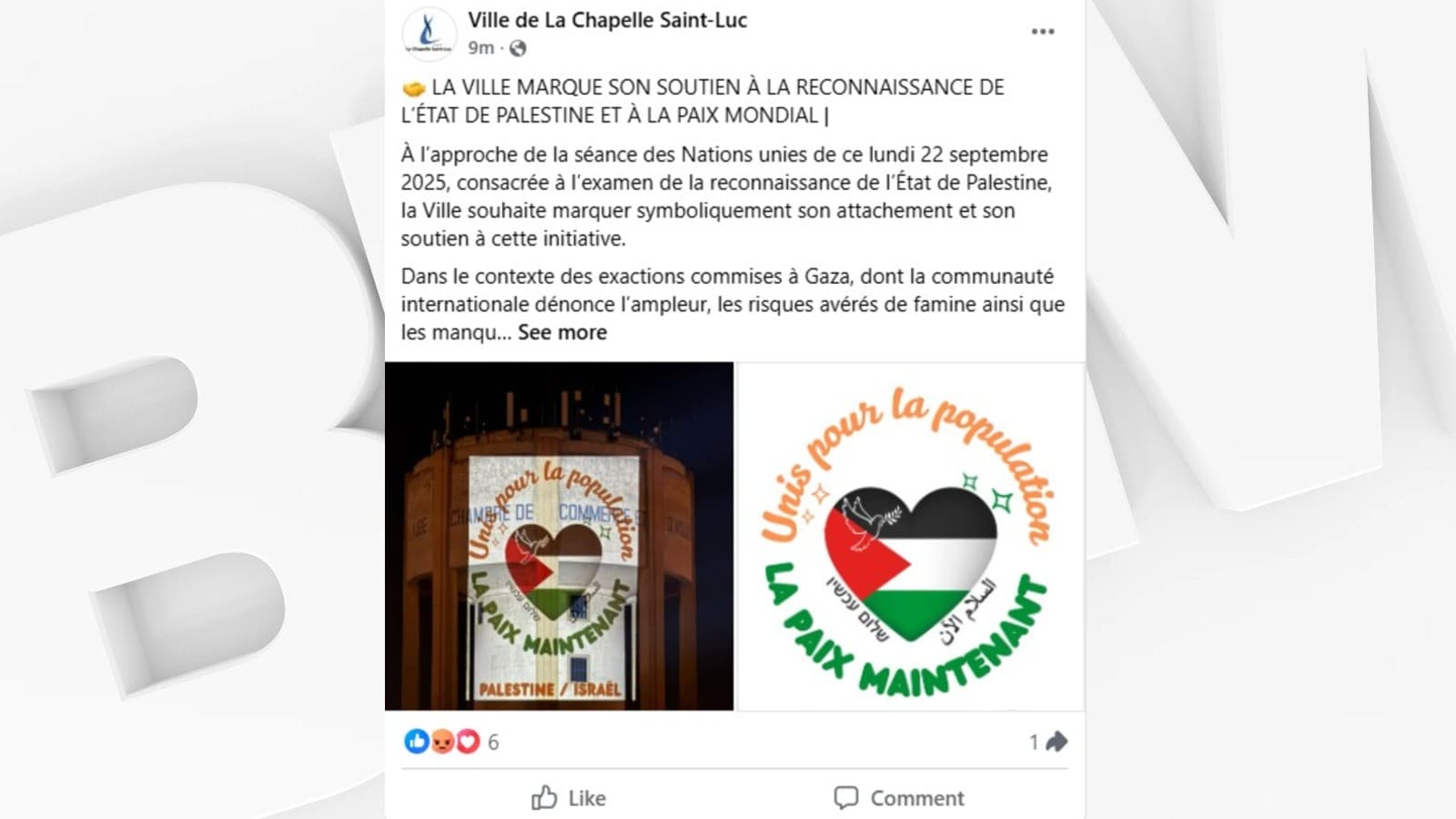 RECONNAISSANCE DE L'ÉTAT DE PALESTINE: LE MAIRE DE LA CHAPELLE-SAINT-LUC AFFICHE SON SOUTIEN
