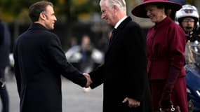 Le président français Emmanuel Macron accueille le roi des Belges Philippe et la reine Mathilde, Paris, le 14 octobre 2024
