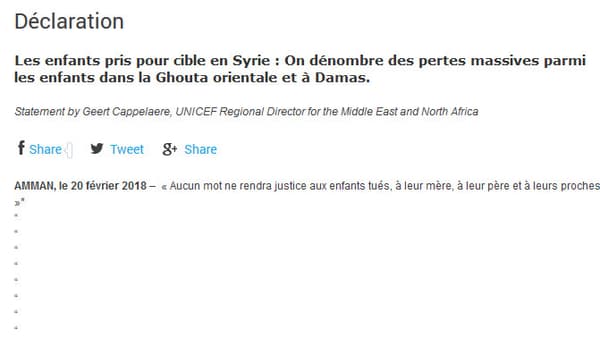 Le communiqué blanc diffusé le 20 février par l'Unicef. Le communiqué blanc diffusé le 20 février par l'Unicef.