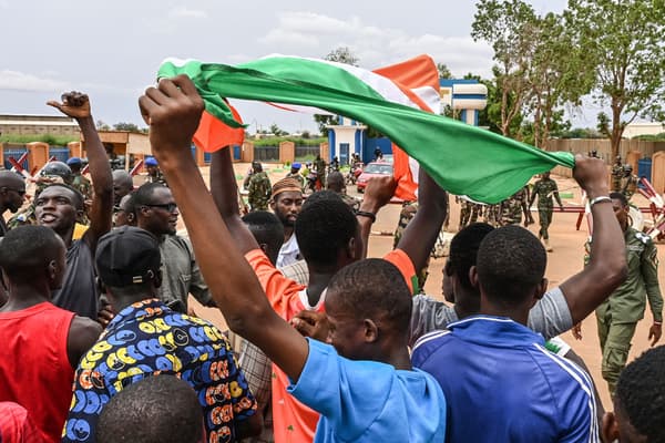 Supporters of the military regime gather for a demonstration in Niamey, near a French airbase in Niger, on August 11, 2023. 