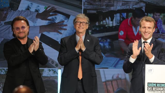 Emmanuel Macron en compagnie de Bill Gates et Bono