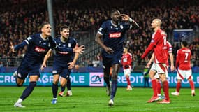 La joie d'Opa Sanganté après son but lors de Brest-Dunkerque (2-3, Coupe de France), le 26 février 2025.