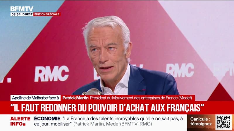 Réchauffement climatique: "Il y aura de toute façon des pertes et des créations d'emplois", estime Patrick Martin, président du Medef