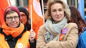 La secrétaire générale de la CFDT, Marylise Léon (d), lors d'une manifestation dans le secteur public, Paris, le 5 décembre 2024