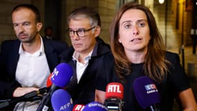 Manuel Bompard (LFI) Olivier Faure (PS) et Marine Tondelier (EELV) à l'issue des échanges avec Emmanuel Macron, le 31 août 2023 