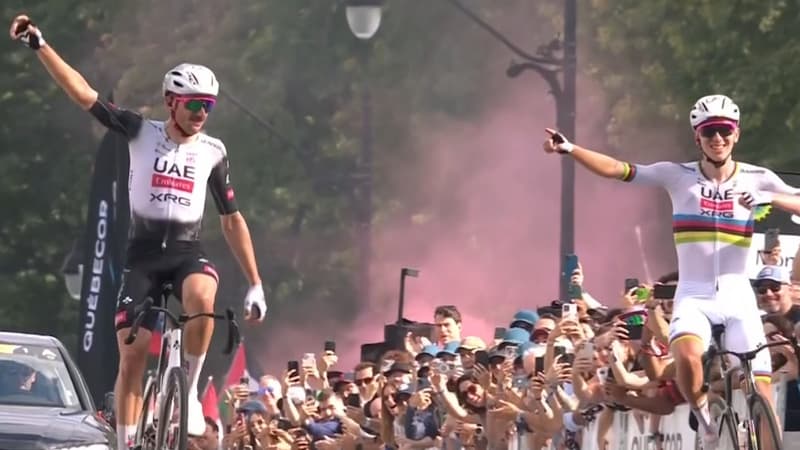 Brandon McNulty et Tadej Pogacar à l'arrivée du GP de Montréal, 14 septembre 2025