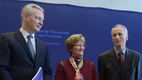 Bruno Le Maire, Nicole Notat et Jean-Dominique Senard lors d'une réunion à Bercy en mars 2018.