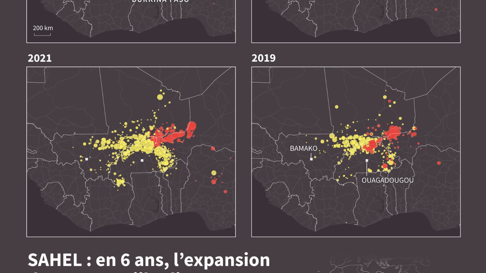 Cartes du Sahel en 2019, 2021, 2023 et 2025 localisant les affrontements impliquant des groupes jihadistes (Al-Qaida, l'Etat islamique ou leurs affiliés) et indiquant leur nombre de victimes.