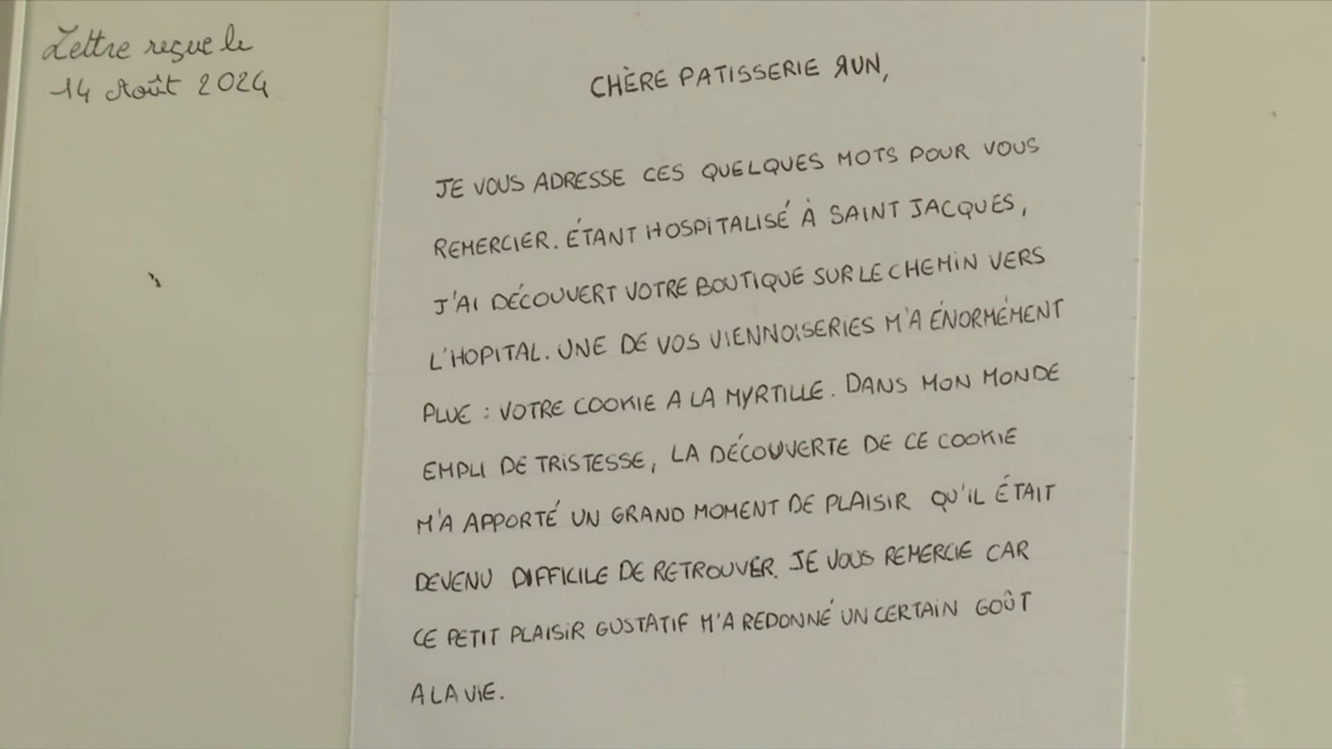 Une lettre reçue par la pâtisserie "Run", à Nantes, le 14 août 2024.