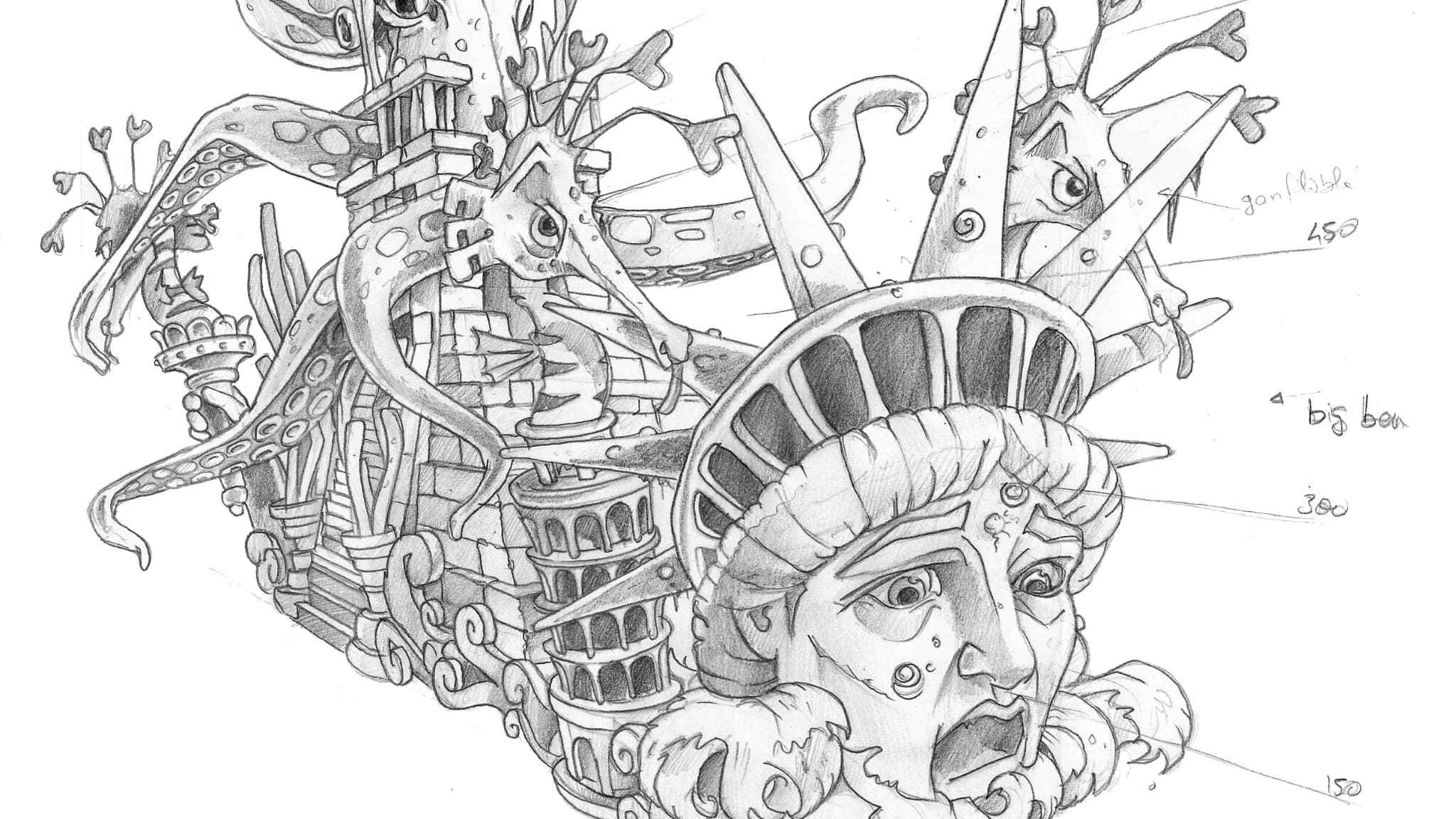 Le croquis du char "Les pieds dans l'eau" pour l'édition 2025 du carnaval de Nice.