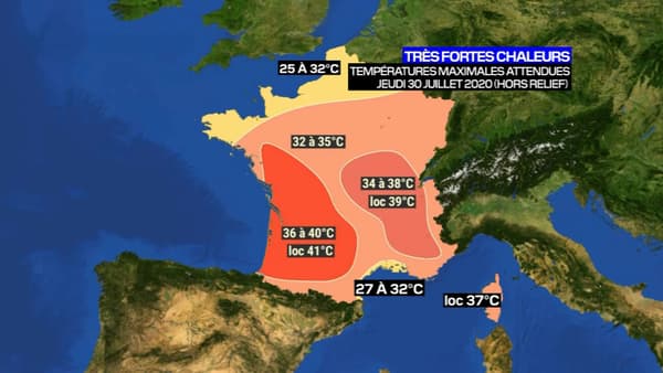 Les températures maximales attendues jeudi en France. Les températures maximales attendues jeudi en France.
