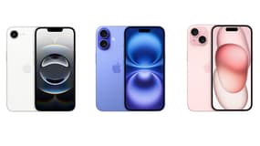 De gauche à droite: l'iPhone 16e, l'iPhone 16 et l'iPhone 15