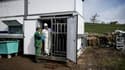 Un éleveur parle avec le responsable d'un abattoir mobile installé dans sa ferme, le 14 mars 2022 à Charolles