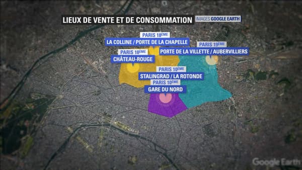 Les lieux de consommation et de vente du crack se concentrent dans le nord de Paris. Les lieux de consommation et de vente du crack se concentrent dans le nord de Paris.
