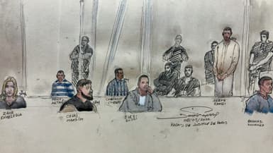 Croquis d'audience des accusés (g-d) Enkeledja Zace, Artan Henaj, Maksim Celaj, Chokri Chafroud, Endri Elezi, Ramzi Arefa et Mohamed Ghraieb à la Cour d'assises spéciale, au premier jour du procès de l'attentat de Nice, le 5 septembre 2022 à Paris 