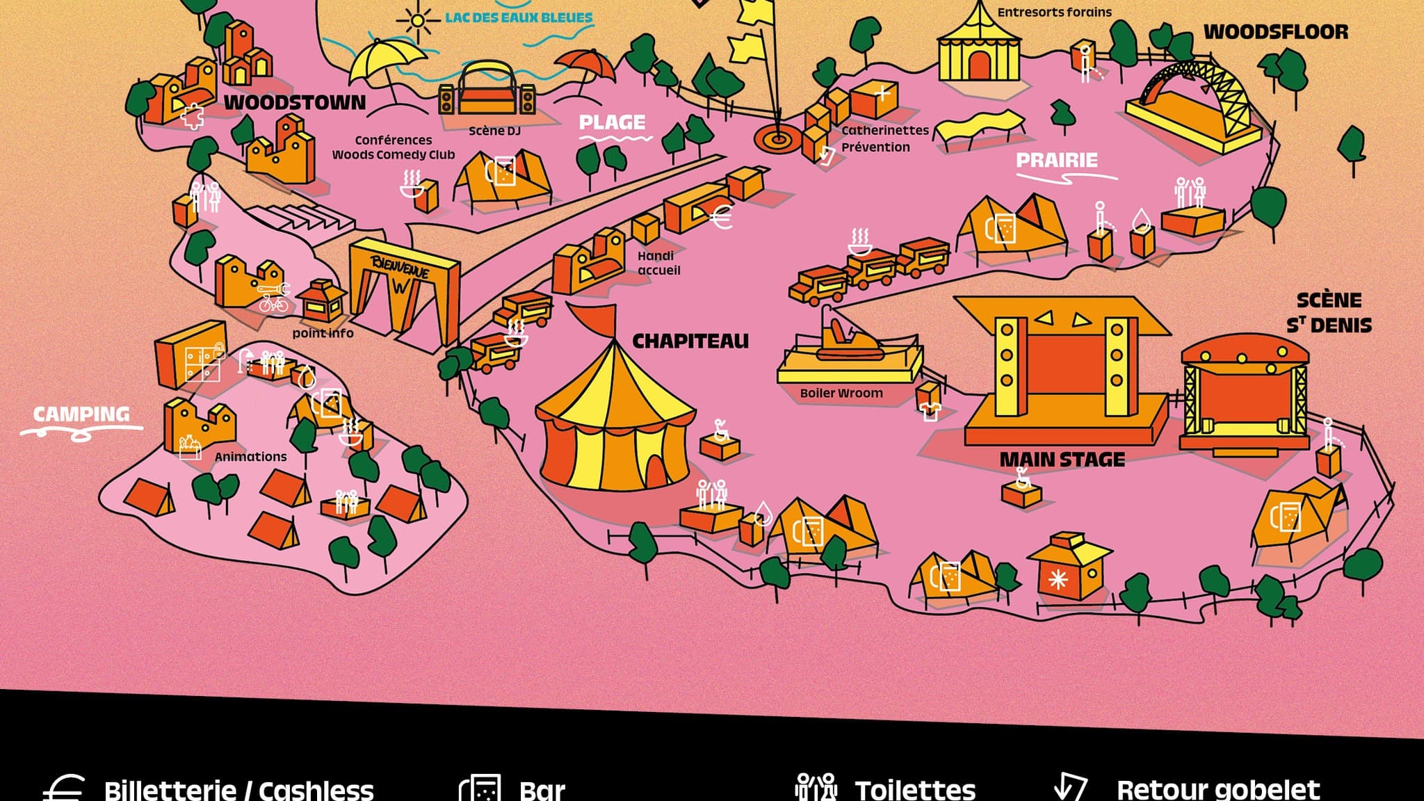 Le plan du site du festival Woodstower. Le plan du site du festival Woodstower.