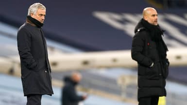 José Mourinho et Pep Guardiola, à Manchester le 13 février 2021