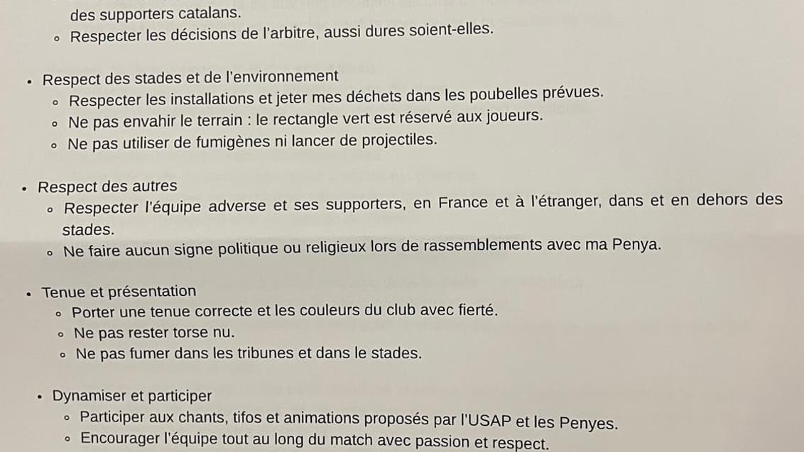 La charte des supporters mise en place par l'USAP (page 1).