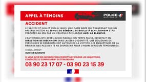 Les policiers du Bas-Rhin lancent un appel à témoins pour retrouver l'automobiliste ayant percuté une femme âgé à Schiltigheim le 27 juillet 2024.