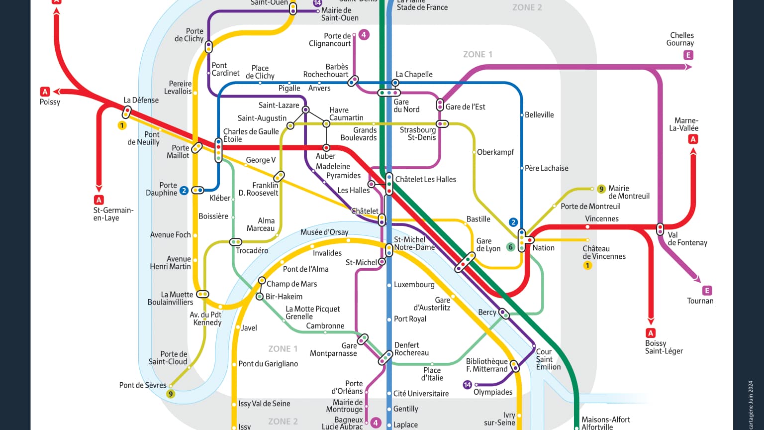 Le plan des lignes de métro et de RER en service dans la nuit du 21 juin 2024 à Paris.
