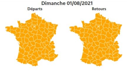 Bison Futé a classé orange dimanche 1er août, tout comme le lundi 2 août, cette fois seulement dans le sens des départs. Bison Futé a classé orange dimanche 1er août, tout comme le lundi 2 août, cette fois seulement dans le sens des départs.