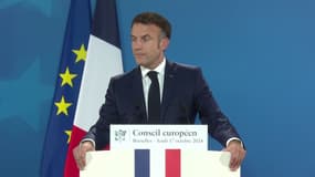 Emmanuel Macron à l'issue du Conseil européen à Bruxelles le lundi 17 octobre 2024.