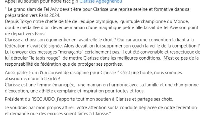 Le message du RSCC judo pour soutenir Clarisse Agbégnénou. Le message du RSCC judo pour soutenir Clarisse Agbégnénou.