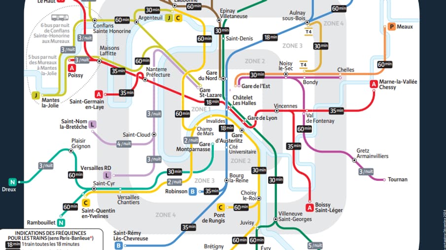 La carte des RER et Transilien en circulation la nuit du 31 décembre 2024 en Ile-de-France.